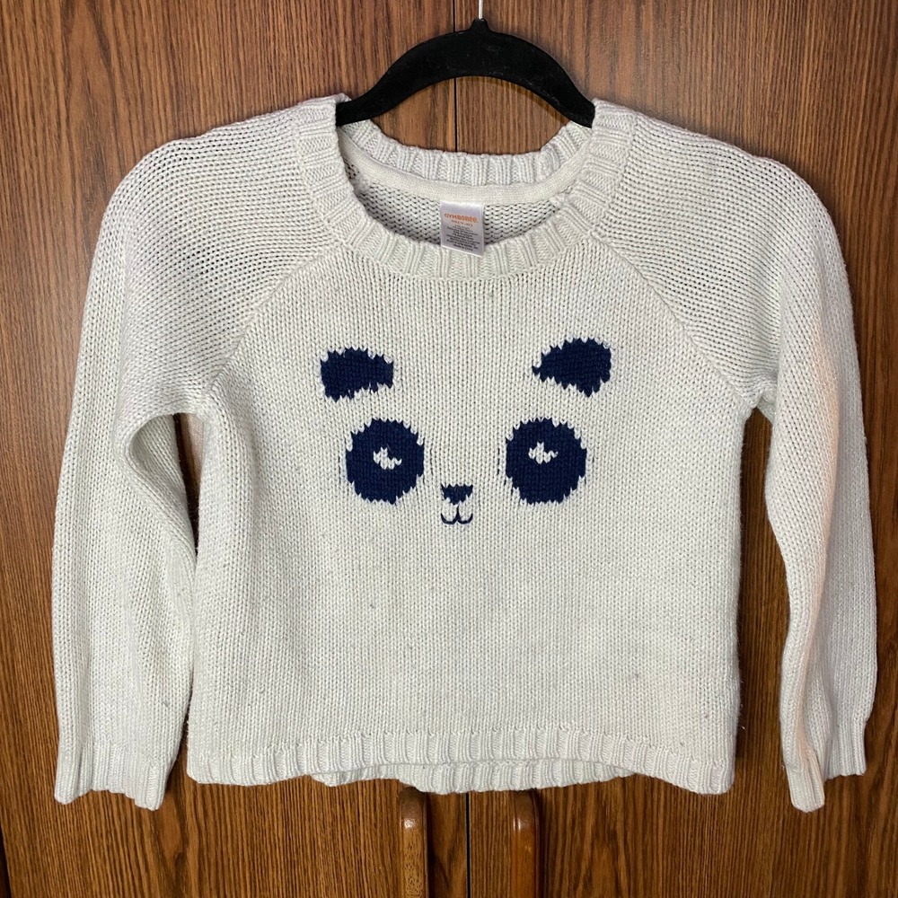 Gymboree Panda Knit Sweater Kids Size M 7-8 White Navy Blue Metallic Shimmer